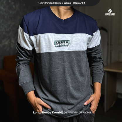 DEN N DEV | T-Shirt Panjang Kombinasi Pria Patch Bordir | Katun 20s Tebal & Adem