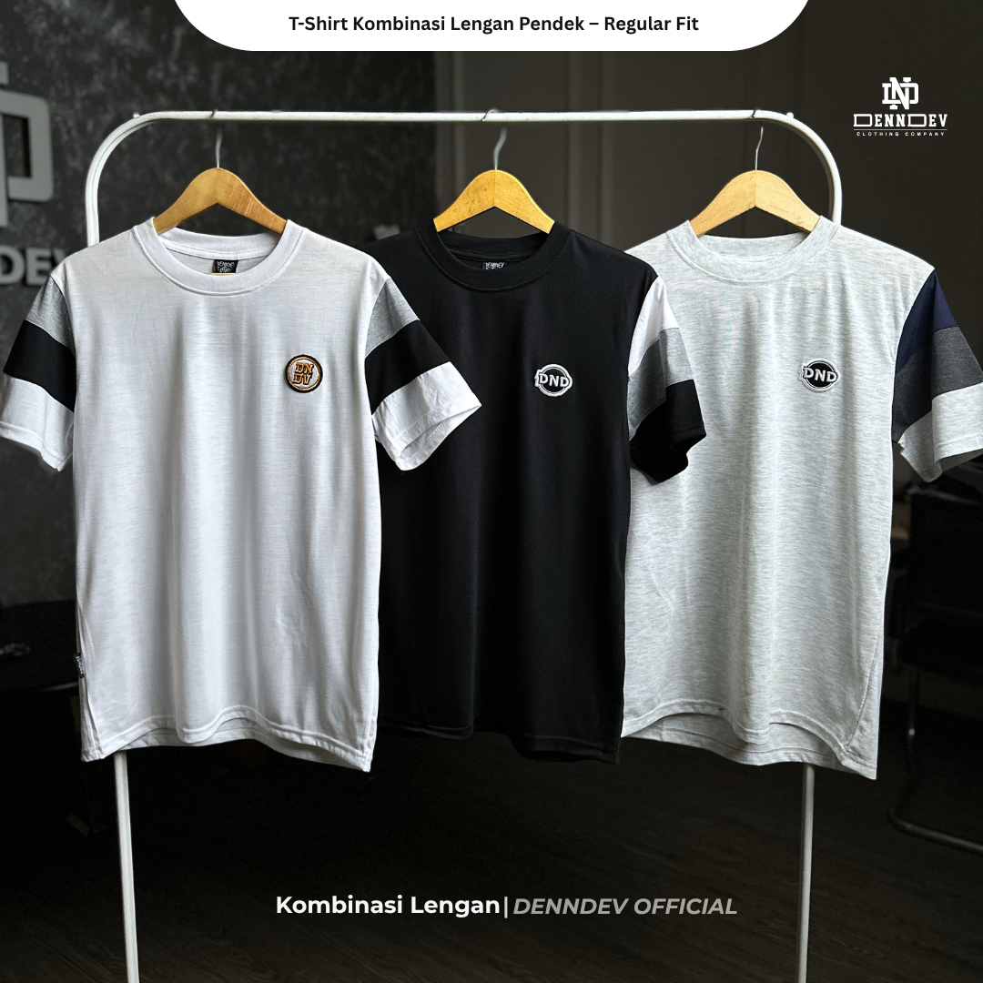 DEN N DEV | Kaos Lengan Pendek Kombinasi Lengan 3 Warna Patchbordir Logo Simpel Bahan Katun