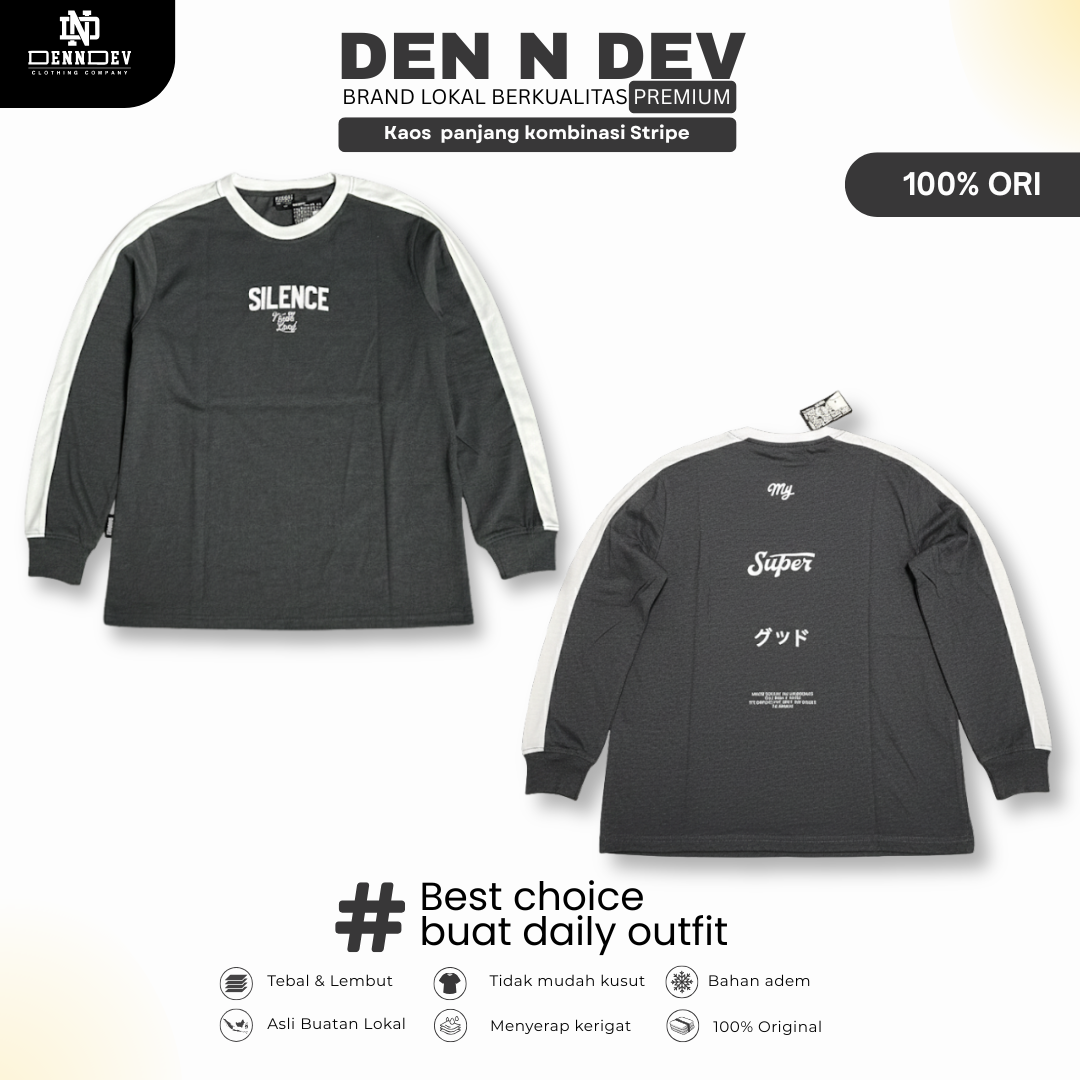 DEN N DEV Kaos Panjang Kombinasi Stripe | Long Sleeve Unisex | Baju Distro Lokal Premium