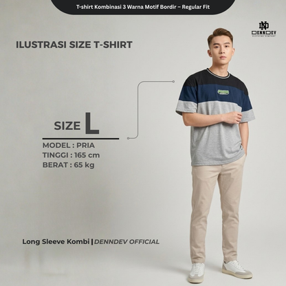 DEN N DEV | Kaos Unisex Kombinasi 3 Warna Logo Bordir | T-Shirt Blok Warna Kasual Pria Wanita