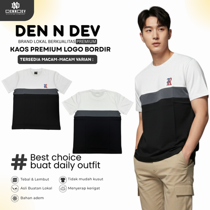 DEN N DEV | Kaos Kombinasi Lengan Pendek Logo Bordir | Cotton Combed 24s Adem & Nyaman