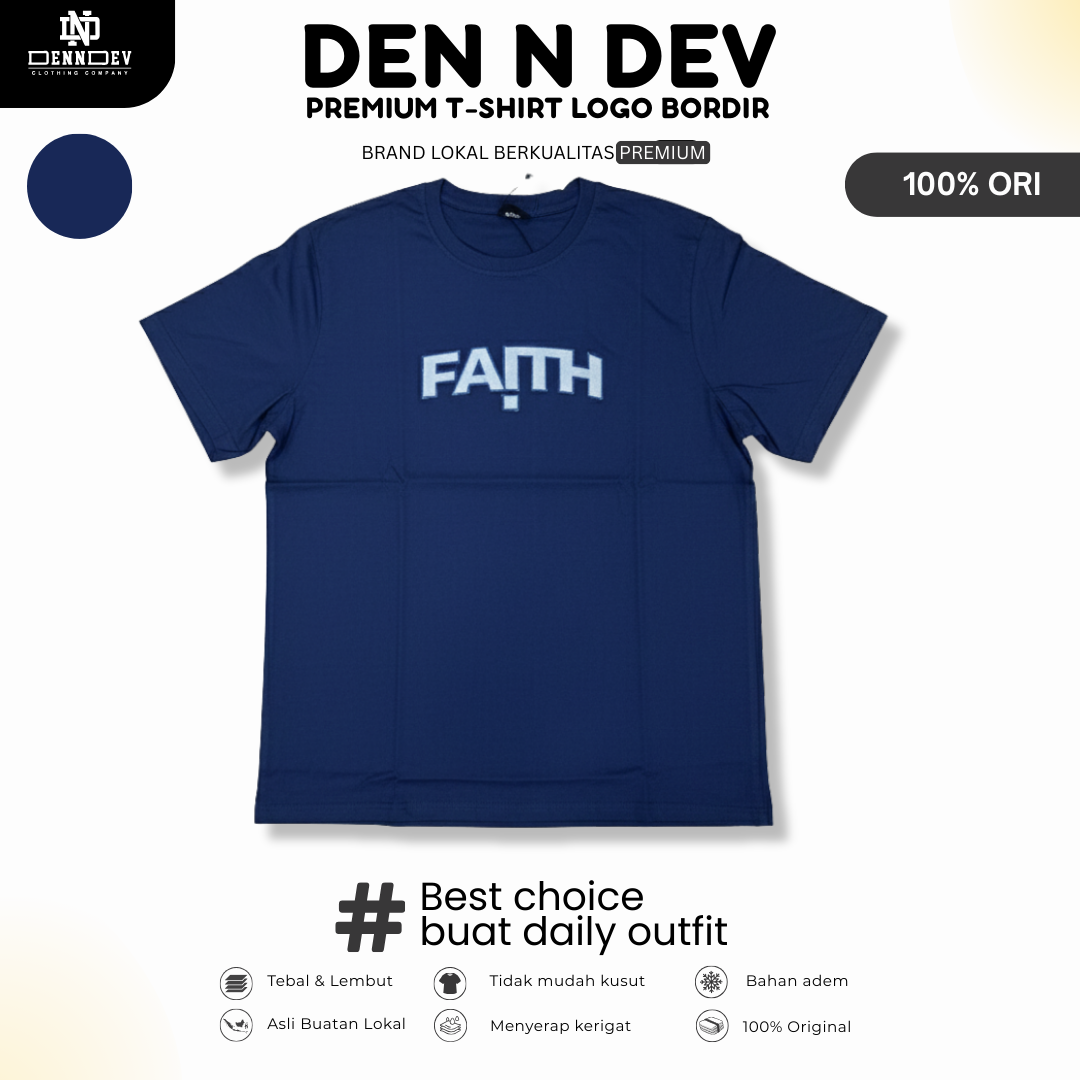 DEN N DEV | Kaos Bordir Lengan Pendek Logo Tulisan | Cotton Combed 24s Tebal Lembut & Adem