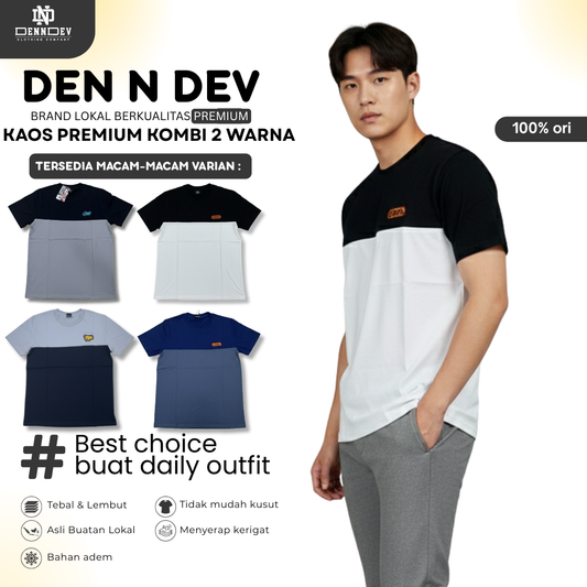 DEN N DEV | Kaos Kombinasi 2 Warna Logo Bordir | Cotton Combed 24s Tebal & Adem
