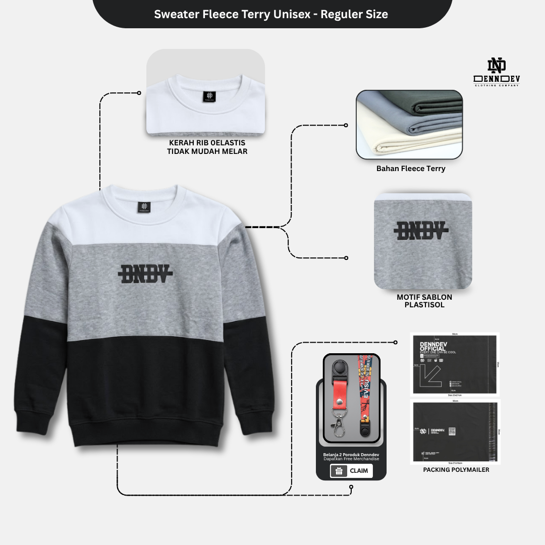 DENNDEV Sweater Crewneck Kombinasi 3 Warna Fleece Terry Unisex Premium 280 GSM