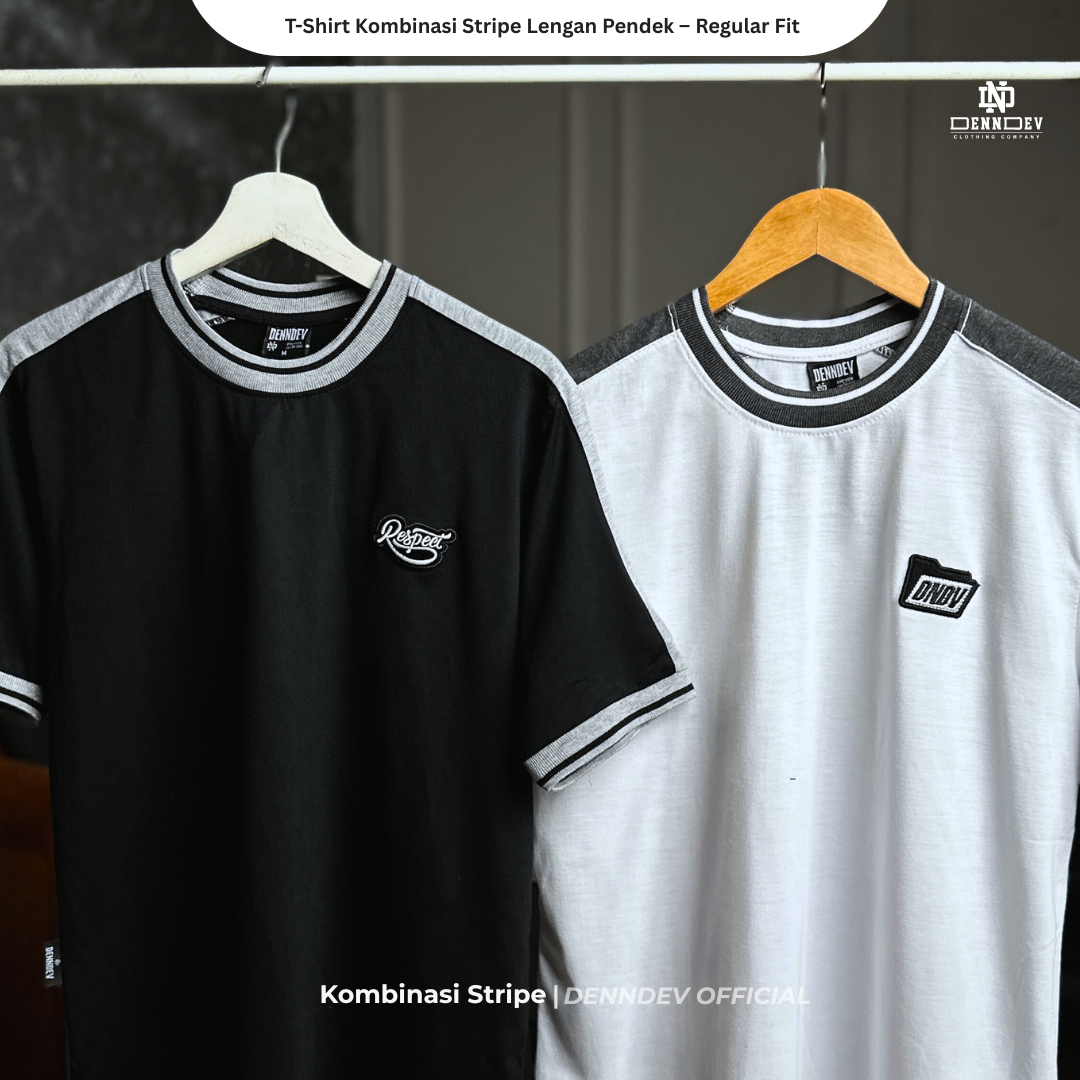 DEN N DEV | T-Shirt Kombinasi Stripe Lengan Kaos Distro Pria Wanita Cotton Tebal Asli Lokal