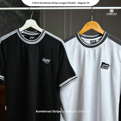 DEN N DEV | T-Shirt Kombinasi Stripe Lengan Kaos Distro Pria Wanita Cotton Tebal Asli Lokal