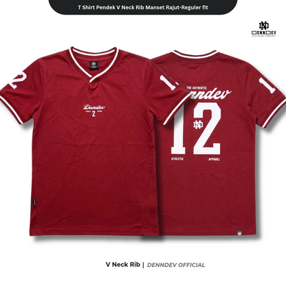 DEN N DEV - T Shirt Pendek Motif Angka V Neck Rib Manset Rajut