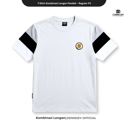 DEN N DEV | Kaos Lengan Pendek Kombinasi Lengan 3 Warna Patchbordir Logo Simpel Bahan Katun