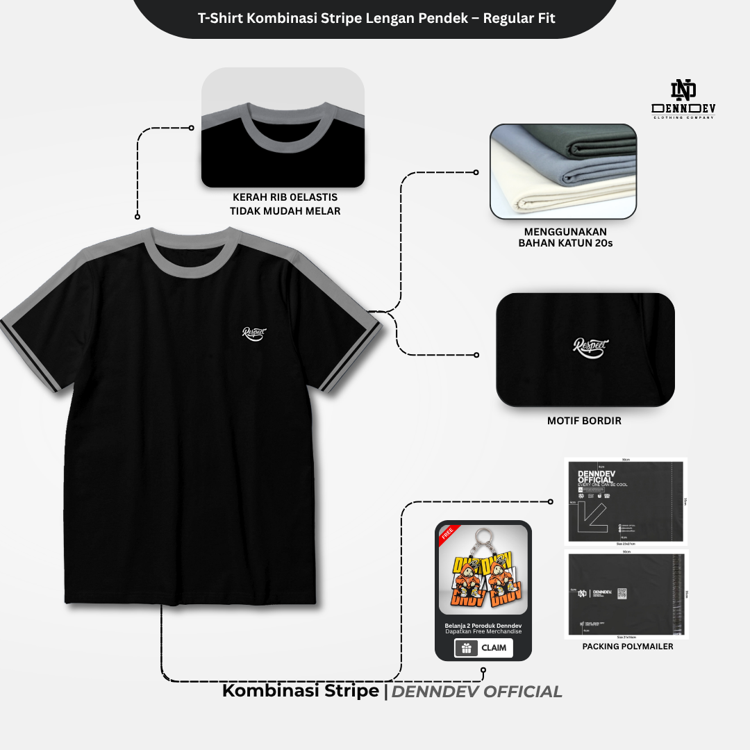 DEN N DEV | T-Shirt Kombinasi Stripe Lengan Kaos Distro Pria Wanita Cotton Tebal Asli Lokal