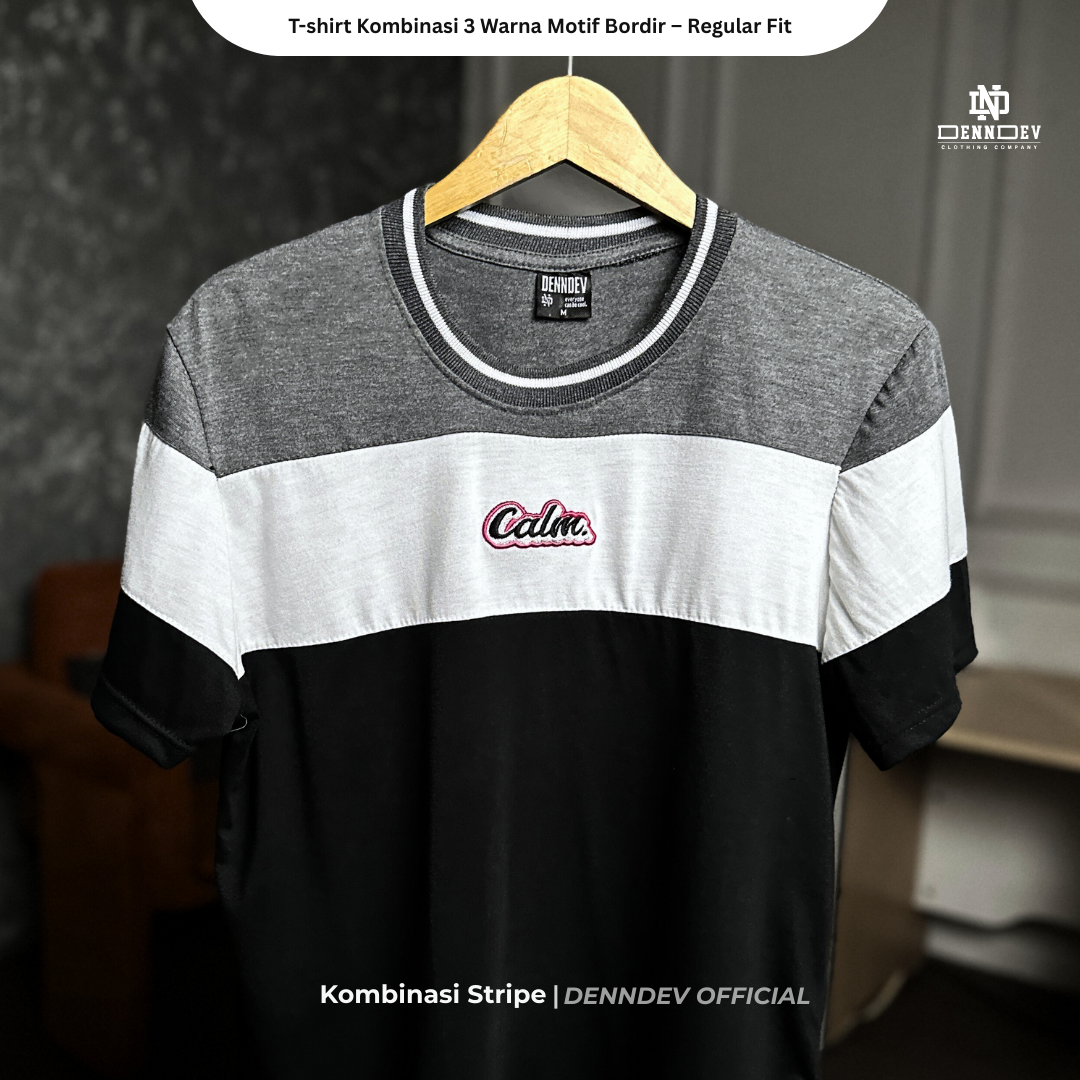 DEN N DEV | Kaos Unisex Kombinasi 3 Warna Logo Bordir | T-Shirt Blok Warna Kasual Pria Wanita