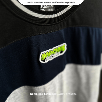 DEN N DEV | Kaos Unisex Kombinasi 3 Warna Logo Bordir | T-Shirt Blok Warna Kasual Pria Wanita