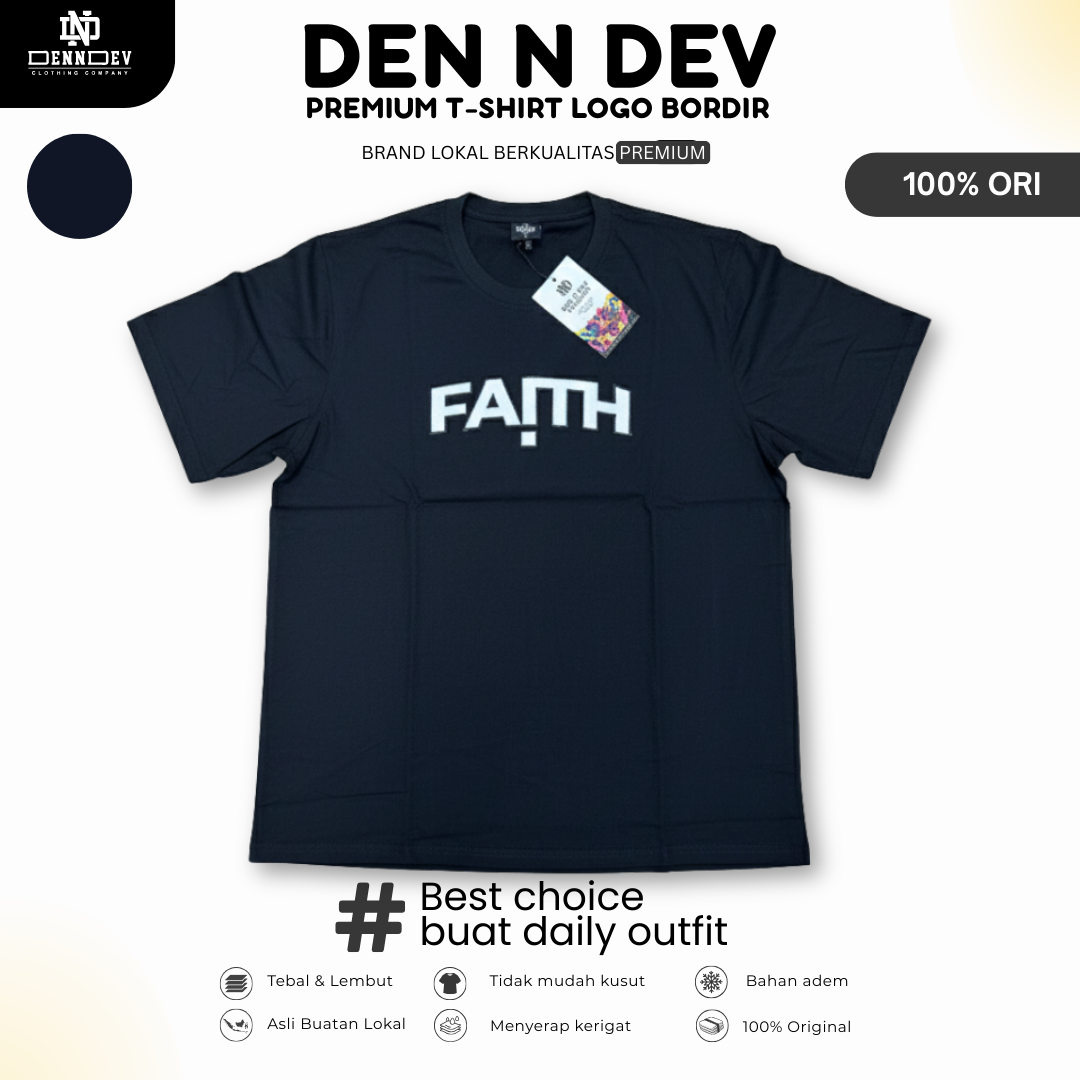 DEN N DEV | Kaos Bordir Lengan Pendek Logo Tulisan | Cotton Combed 24s Tebal Lembut & Adem