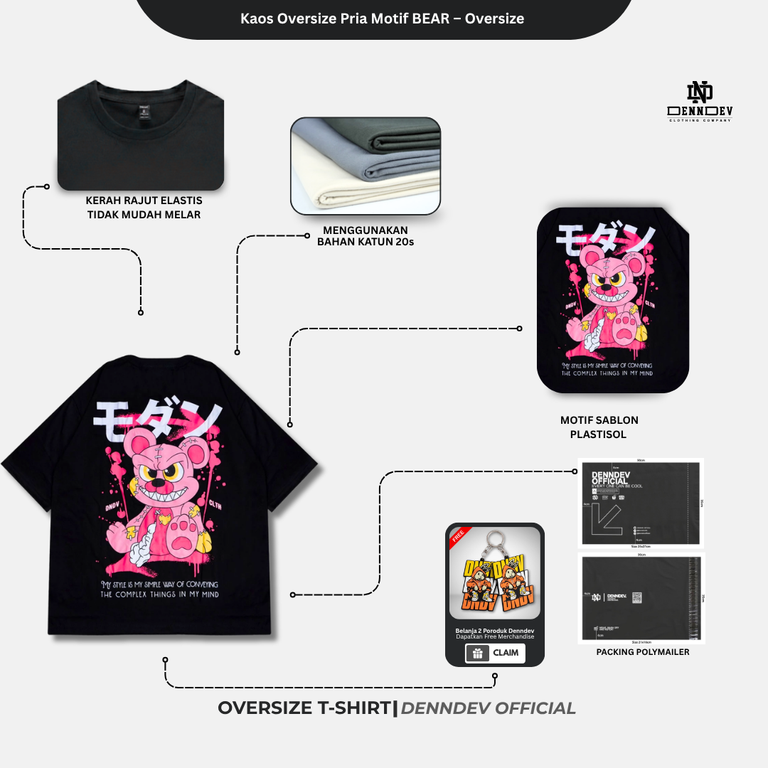 DEN N DEV Kaos Oversize Pria Motif BEAR T-Shirt Keren Baju Distro Oversize Terlaris