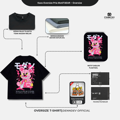 DEN N DEV Kaos Oversize Pria Motif BEAR T-Shirt Keren Baju Distro Oversize Terlaris