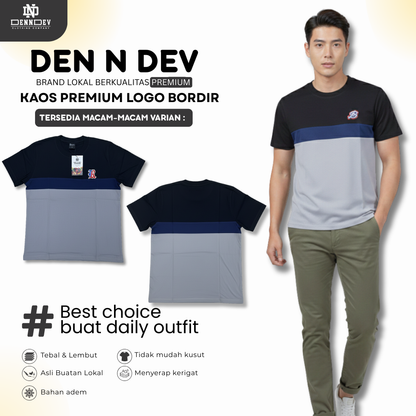 DEN N DEV | Kaos Kombinasi Lengan Pendek Logo Bordir | Cotton Combed 24s Adem & Nyaman