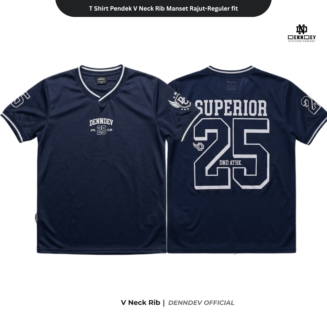 DEN N DEV - T Shirt Pendek Motif Angka V Neck Rib Manset Rajut
