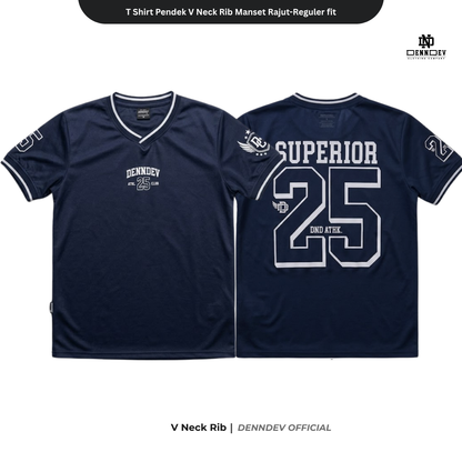 DEN N DEV - T Shirt Pendek Motif Angka V Neck Rib Manset Rajut