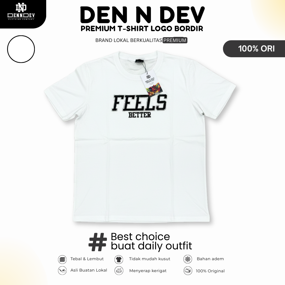 DEN N DEV | Kaos Bordir Lengan Pendek Logo Tulisan | Cotton Combed 24s Tebal Lembut & Adem