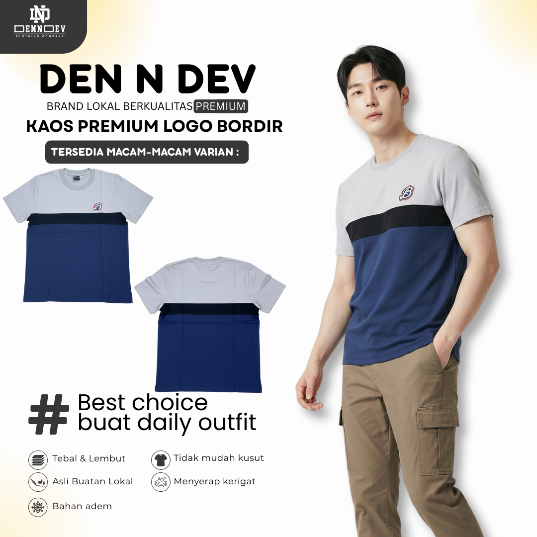 DEN N DEV | Kaos Kombinasi Lengan Pendek Logo Bordir | Cotton Combed 24s Adem & Nyaman