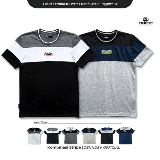 DEN N DEV | Kaos Unisex Kombinasi 3 Warna Logo Bordir | T-Shirt Blok Warna Kasual Pria Wanita