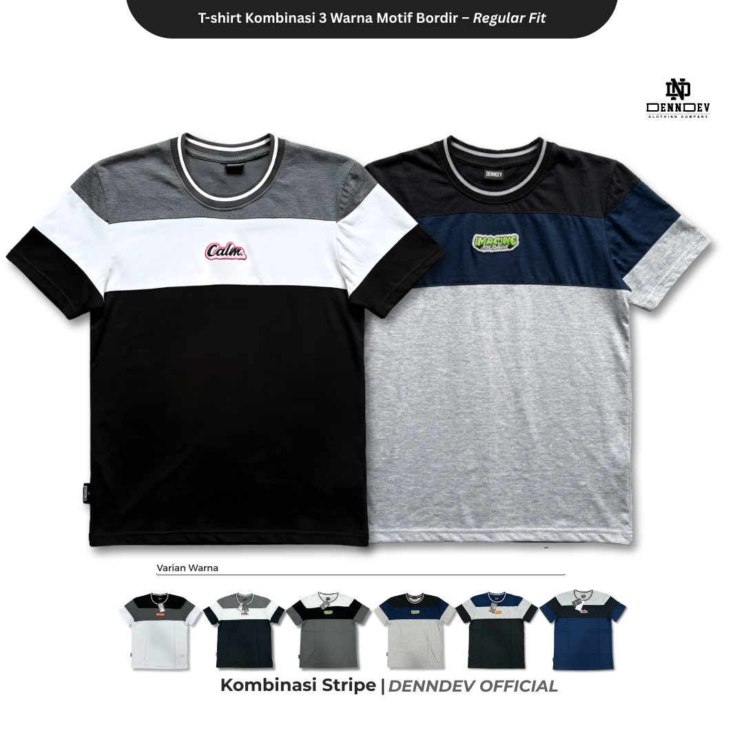 DEN N DEV | Kaos Unisex Kombinasi 3 Warna Logo Bordir | T-Shirt Blok Warna Kasual Pria Wanita