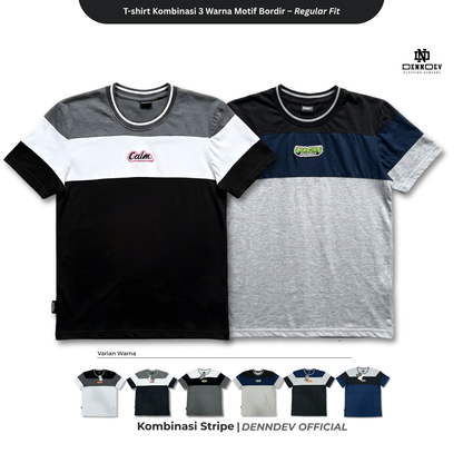 DEN N DEV | Kaos Unisex Kombinasi 3 Warna Logo Bordir | T-Shirt Blok Warna Kasual Pria Wanita