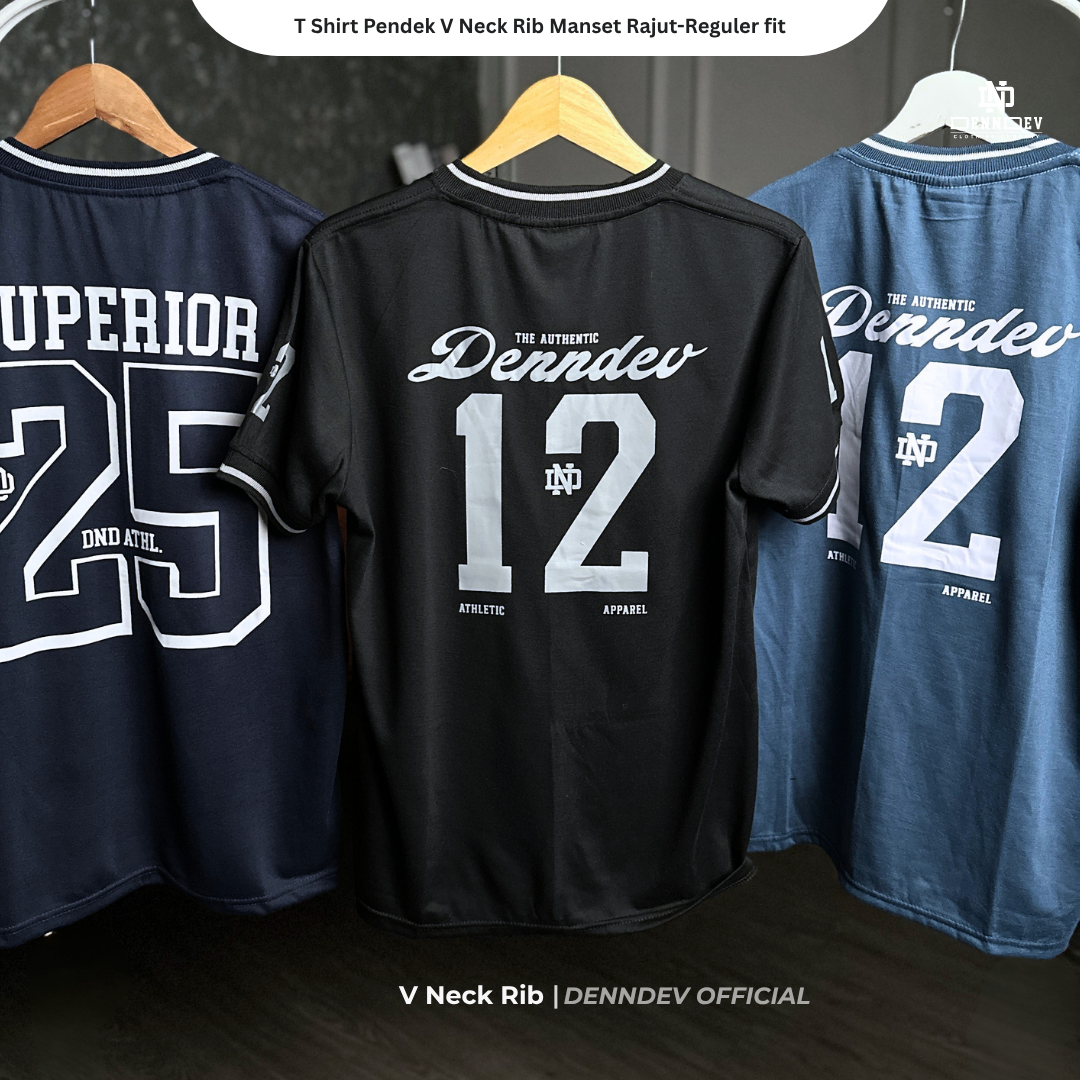 DEN N DEV - T Shirt Pendek Motif Angka V Neck Rib Manset Rajut